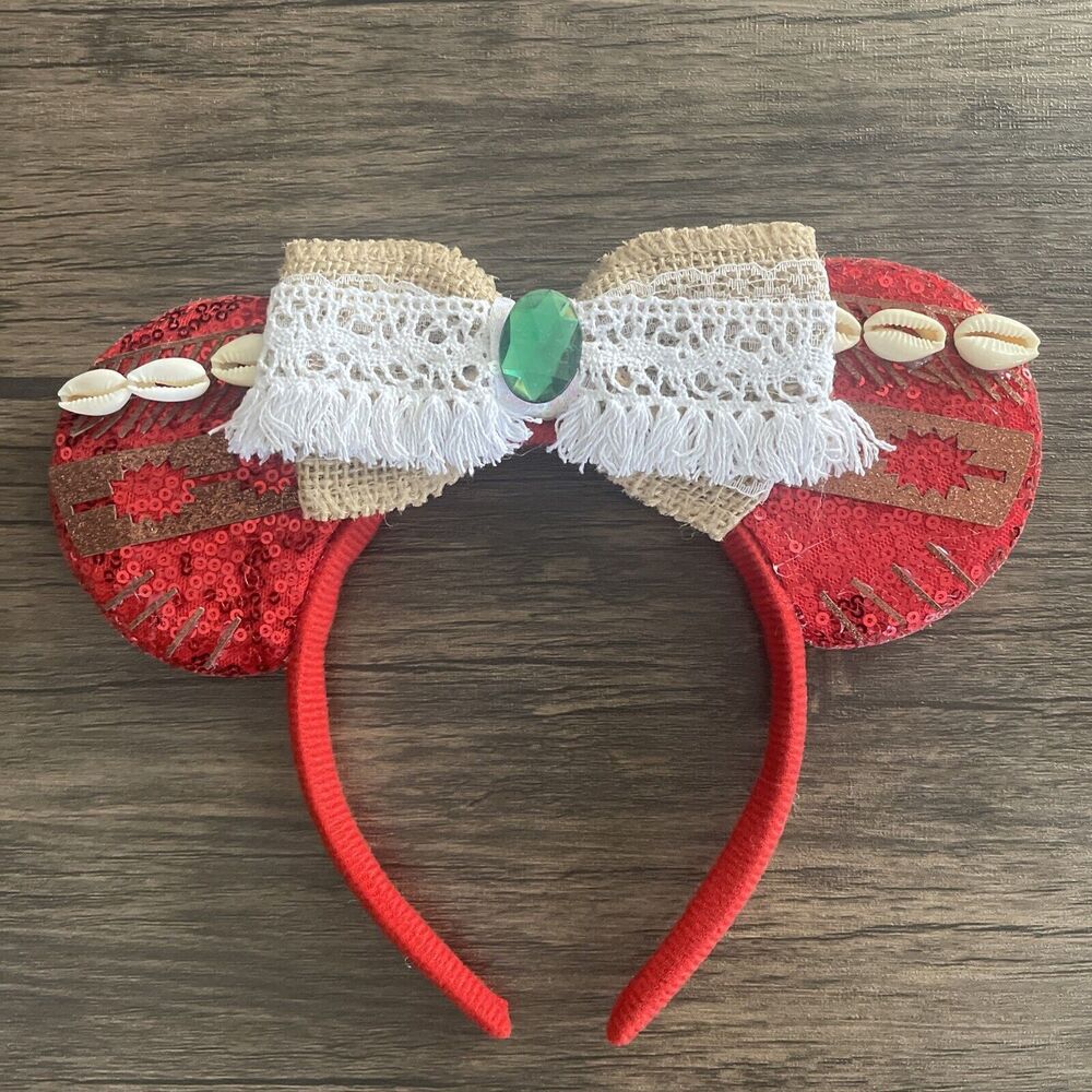 Girls Princess Red Sequin Ear Headband Shells Gold Burlap Lace